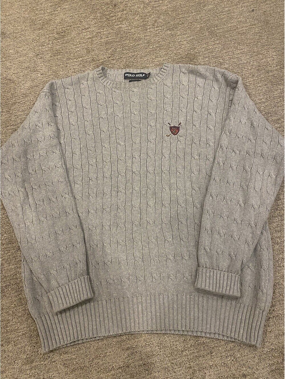 Polo Golf Ralph Lauren Cable Knit Golf Crest Sweater Mens XL Gray 100% Cotton